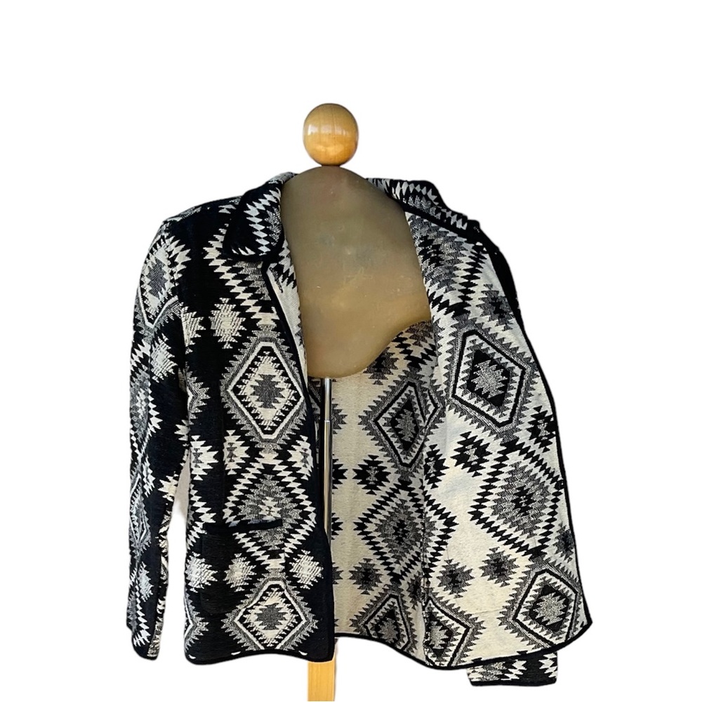 Jane Ashley Jacket Petite MED Jacket Black/Off White Woven Boho Relaxed Soft EUC